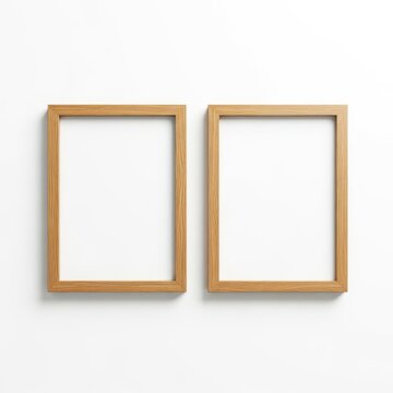 Two empty wooden picture frames hanging on a white wall with subtle shadows underneath.