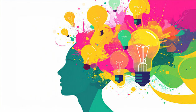 Abstract Flat Illustration of Creative Mind Lightbulbs Colorful Splash Teal Green Pink