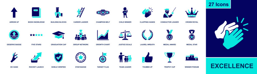 Fototapeta premium Excellence icon set. Containing trophy, medal award, laurel wreath, five stars, winner podium, champion belt, crown, team leader, verified badge and more. Solid fill icons collection.