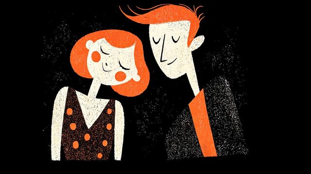 Romantic Vector Illustration of Happy Couple in Whimsical Cartoon Style with Red Hair and Polka Dots