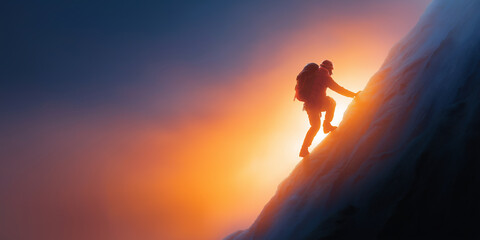 Obraz premium Alpinist climbing steep snowy mountain ridge at sunset