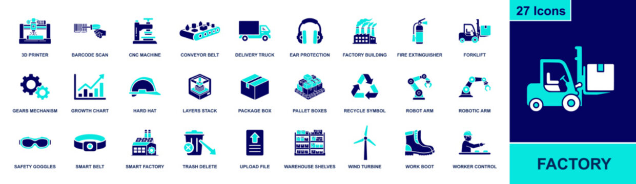 Factory icon set. Containing 3d printer, barcode scan, cnc machine, conveyor belt, forklift, robot arm, safety gear, warehouse, smart factory and more. Solid fill vector icons collection.