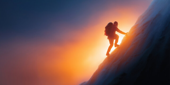 Alpinist climbing steep snowy mountain ridge at sunset