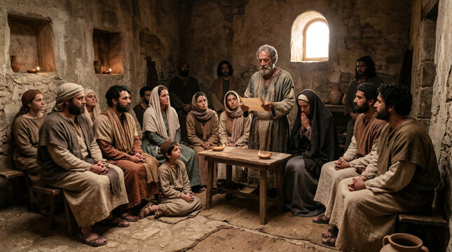 Group of people listening to old man reading manuscript in stone room. Biblical scene depicting disciples and followers gathered around teacher. Historical religious re-enactment concept.