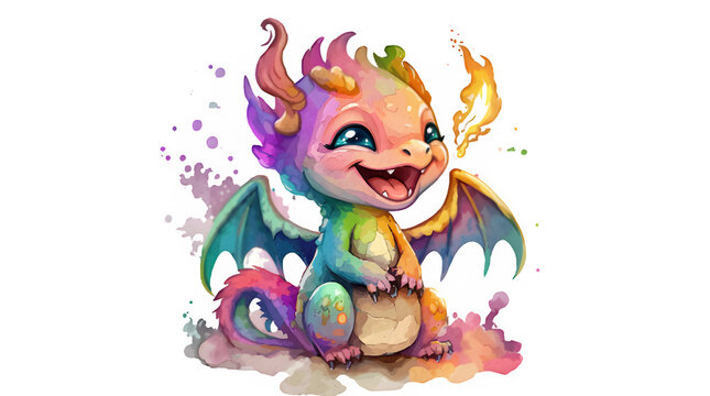 Adorable Baby Rainbow Dragon Watercolor Illustration, Cute Fantasy Creature Art on White Background for Children's Design
