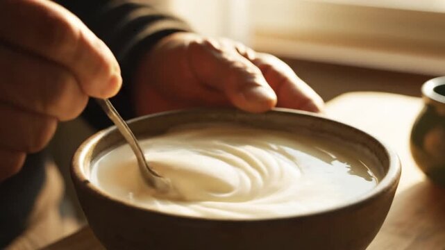Close-up of hands gently mixing yogurt with spoon in bowl, smooth texture catching soft sunlight from kitchen window, quiet morning atmosphere