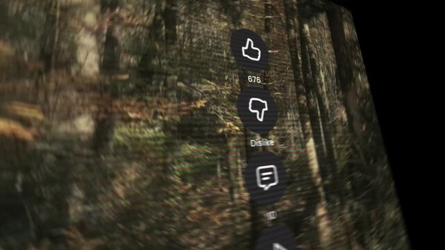Short video app platform interface interaction with clicking on likes and scrolling up videos. Close up shot of the like button animation and doomscrolling activity. 
