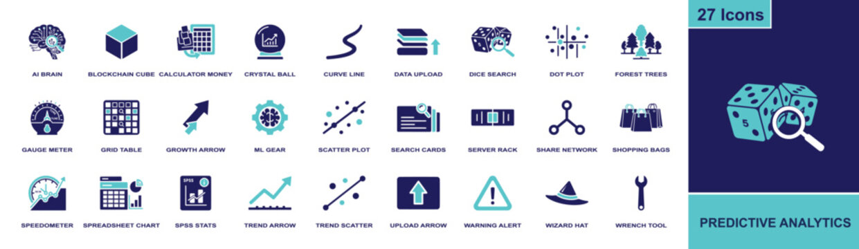 Predictive analytics icon set. Containing AI brain, scatter plot, trend chart, SPSS stats, data upload, ML gear, server rack, forecast, and more. Solid fill vector icons for data forecasts.