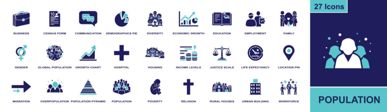 Population icon set. Containing census, diversity, family, gender, migration, housing, poverty, workforce, growth chart and more. Solid fill vector icons collection for demographic studies.