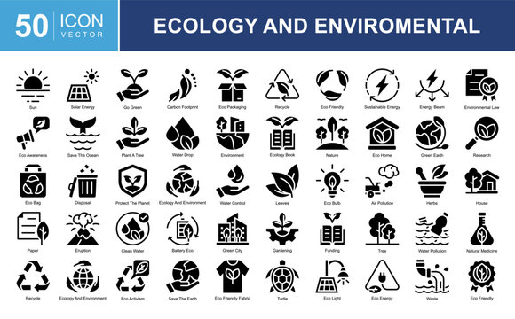 Ecology and Environmental icon collection vector illustration featuring sustainable energy,recycling,environmental,clean water,renewable resources,and nature conservation symbols for eco projects.