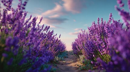 Obraz premium Rows of vibrant purple blossoms line a dirt path under a soft evening sky