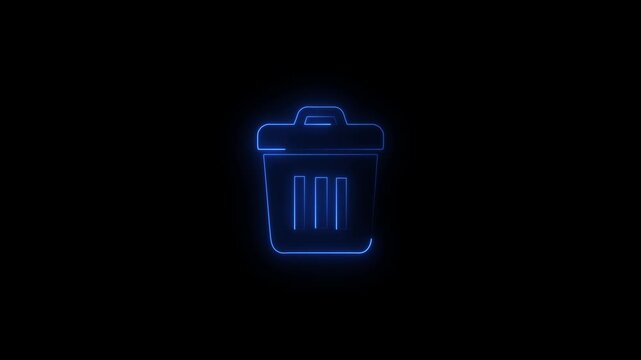 Glowing blue neon trash bin animation isolated on black background representing digital file deletion and data removal.