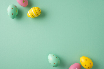 Plakat Happy Easter greeting featuring pastel painted eggs on a mint green background for a fresh spring celebration and seasonal decoration
