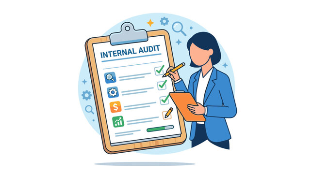 Woman performing internal audit on checklist with icons