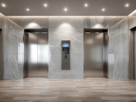 Modern Elevator Lobby with Stainless Steel Doors and Marble Walls, Interior Design and Architecture
