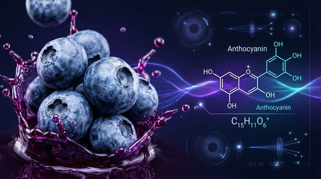 Blueberries with purple juice splash and anthocyanin molecule for vision health and eye protection concept