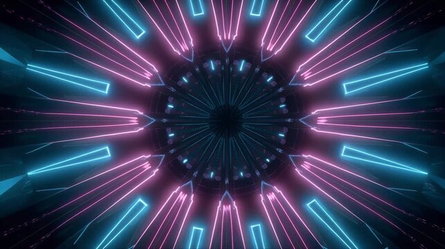 Abstract neon radial tunnel animation with blue and pink glowing light bars, creating a futuristic sci fi background for music visuals, technology themes, and digital motion design