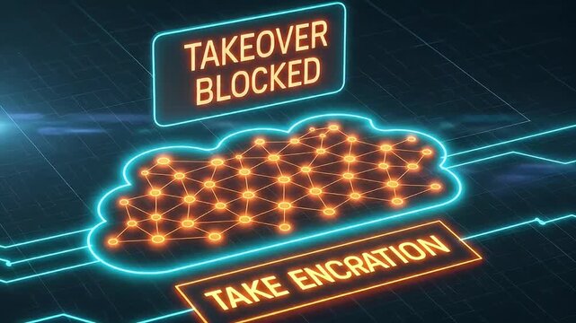 Cybersecurity network firewall shield protection alert warning digital neon glowing cybersecurity concept with glowing digital network shield and takeover blocked warning message and cyber security