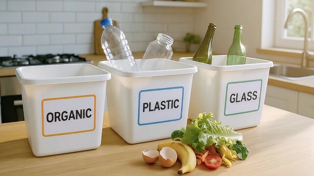 Recycling bin plastic glass organic kitchen waste food eco container household bottle environment separation home interior eco friendly sustainability bright clean kitchen veggie fruit egg shell