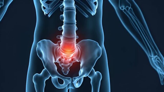 Medical illustration human spine lumbar pelvis pain anatomy skeleton lower back injury chronic spine disease sciatic nerve pressure lumbar spine inflammation pelvic bone joint orthopedic xray style