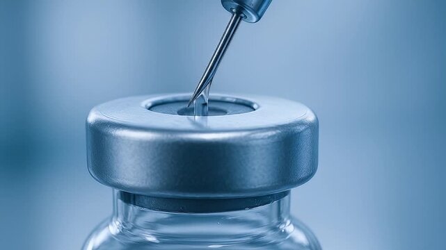 Vaccine injection syringe needle vial medicine healthcare immunization medical treatment concept blue tone closeup of needle piercing rubber vial stopper with liquid drop sterile blue clinical light