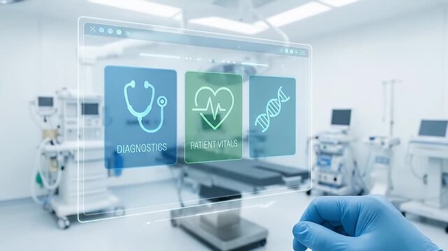 Futuristic medical technology digital interface and healthcare diagnostics hologram screen in modern surgery room monitoring patient vital data with innovative touchscreen surgery equipment