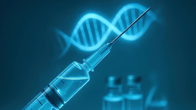 Futuristic vaccine syringe needle with glowing dna strand blue medical laboratory background for modern science research and biotechnology technology genetic healthcare injection immunization sterile