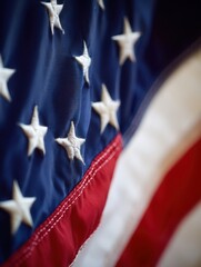 Close-up of an American Flag displaying patriotism and the colors red, white, and blue