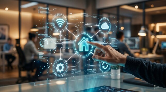 Smart home automation interface with futuristic digital icons, hand touching holographic control panel, modern office workspace with blurred people