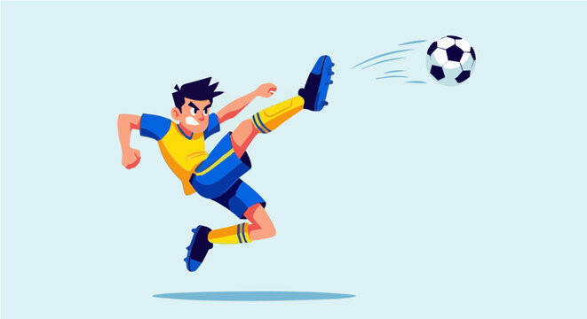 Energetic cartoon soccer player kicking ball in dynamic pose on light blue background vector illustration