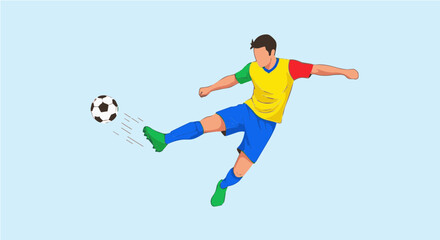 Fototapeta premium Dynamic soccer player kicking ball with green shoes on light blue background vector illustration