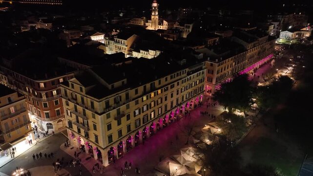Aerial View of the Liston in Corfu Town, Greece at Night, Illuminated with Pink Lights