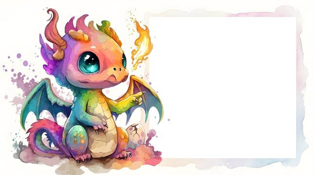 Adorable Watercolor Baby Dragon Illustration with Vibrant Rainbow Colors and Fire Breath on White Background, Cute Fantasy Creature Art for Kids and Nursery Decor