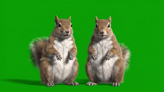 Two brown and white squirrels standing upright on their hind legs against a solid green background.