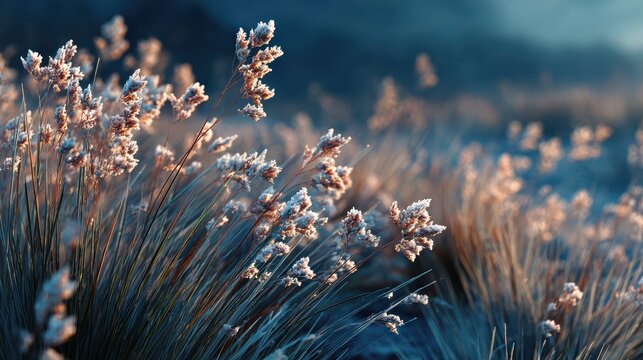 Frost-covered Grass and Plants Glimmering in Soft Morning Light