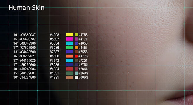 A close-up view of human skin with a color palette and numerical codes