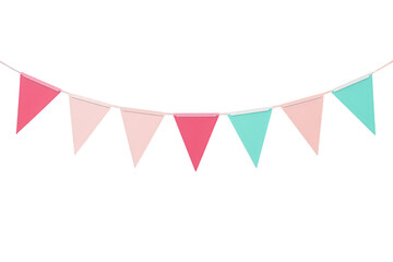 Obraz premium Bunting flags string with pastel pink and turquoise pennants decorating for a festive celebration on transparent background