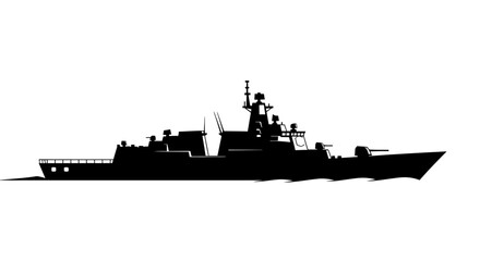 Fototapeta premium Silhouette of a modern naval warship with sleek design sailing on calm waters against a plain white background