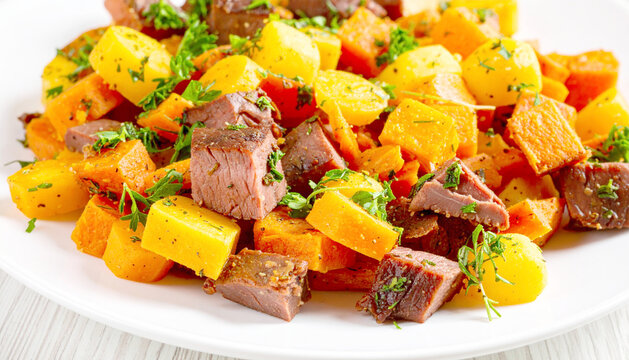 Corned beef hash with sweet potato and carrot, white plate, macro shot. AI