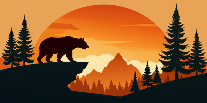 Bear silhouette walks on rocky cliff edge. Pine forest and mountain landscape during vibrant orange sunset. Wild nature scene with graphic grunge art style.