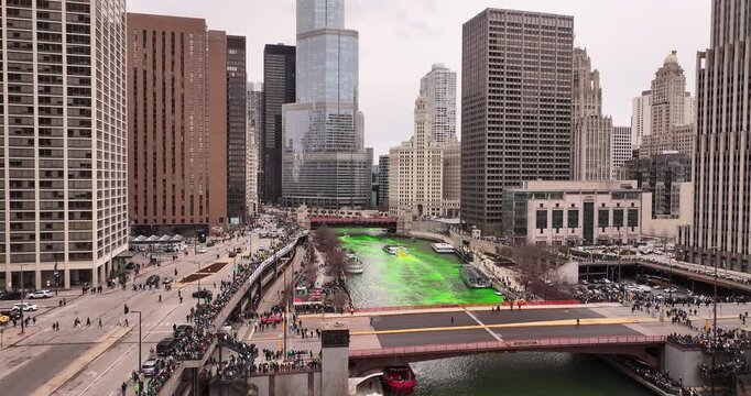 Aerial view of Chicago River dyed green for St. Patrick&rsquo;s Day in downtown Chicago Aerial view of the Chicago River turned bright green during St. Patrick&rsquo;s Day celebrations in downtown Chicago 

