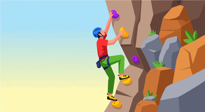 Man rock climbing on steep mountain cliff with colorful gear vector illustration