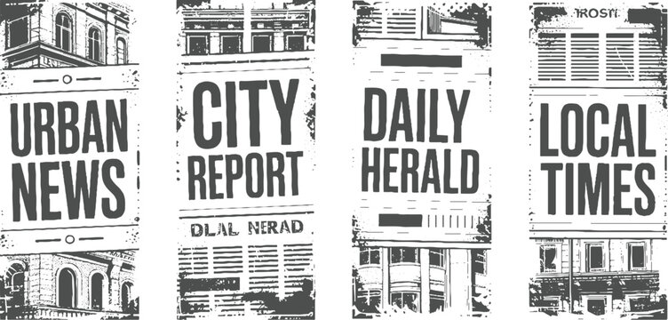 Four vintage newspaper mastheads with architectural Urban News City Report Daily Herald Local Times
