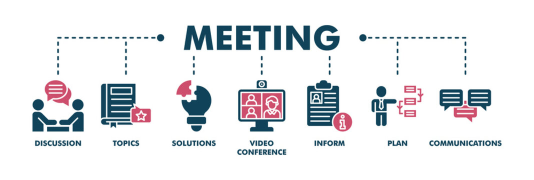 Meeting banner web fill vector illustration for business meeting and discussion with communications, topics, solutions, plan, inform and video conference icon