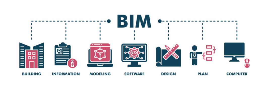 BIM banner web fill vector illustration concept for building information modeling with icon of building, information, modeling, software, design, plan, and computer