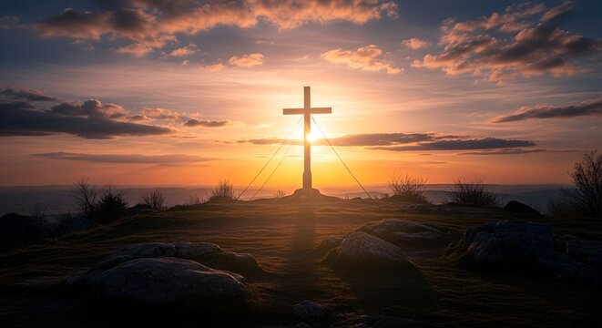 calvary sunset background for Good Friday He is risen. Generative AI