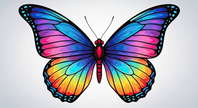 Vibrant butterfly with rainbow colored wings and black outline