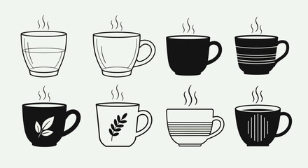 Fototapeta premium Selection of eight drinking vessels including glass cups and ceramic mugs with steam and decorative elements
