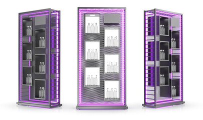 Set of metal display stands with square compartments displaying clear bottles, purple LED lighting and diamond mesh front and back walls. 3d illustration on white background © Wire_man