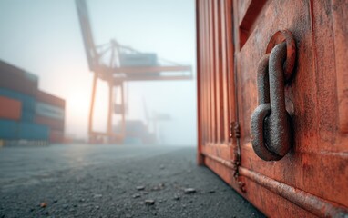 Naklejka premium Shipping Container Detail with Cranes in Background on a Foggy Day at the Port